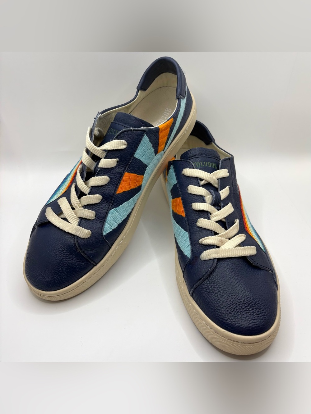 Soludos Ibiza Classic Sneaker Leather Navy Blue Rainbow Wave Chill Out Womens 10